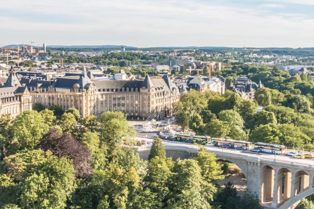 View of European city and bridge